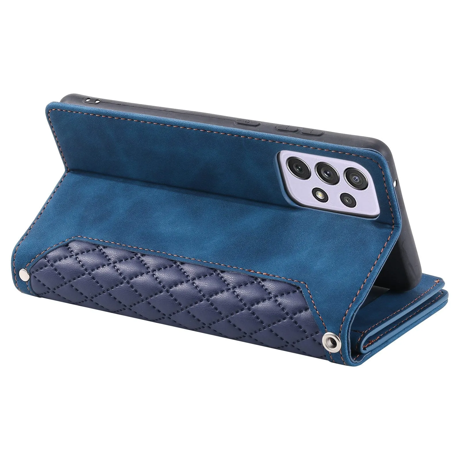 005 Style For Samsung Galaxy A52 4G / 5G / A52s 5G, Rhombus Texture PU Leather Stand Phone Case Zipper Pocket Wallet Style Shell with Strap
